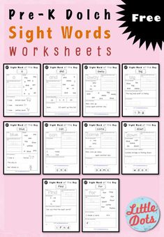 the sight words worksheets for pre - k dolch set 1 is shown