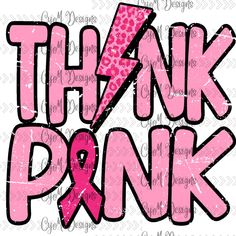 a pink ribbon with the words think pink in black and white, as well as an arrow