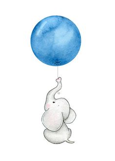 an elephant is flying with a blue balloon