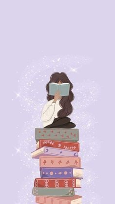 a woman sitting on top of a stack of books with her eyes closed and reading