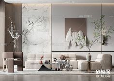 an elegant living room with marble walls and white furniture