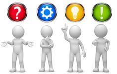 a group of people standing next to each other in front of different colored buttons with question marks on them