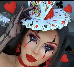 Queen Of Hearts Glam Makeup, Playing Cards Halloween Costume, Deck Of Card Costume, Queen If Hearts Makeup, Deck Of Cards Halloween Costume, Casino Costume Ideas, Magician Makeup Halloween, Casino Theme Makeup, Ace Of Spades Makeup