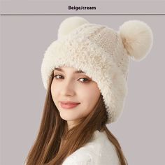 Color: Beige Ear Cap, Warm Winter Hats, Bear Ears, Ear Hats, Women's Beanie, Faux Fur Pom Pom, Knit Beanie Hat, Kawaii Clothes, Fur Pom Pom