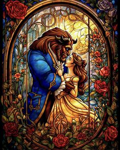 beauty and the beast stained glass window