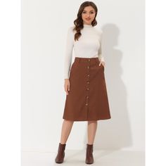 Set the bar for style in the Allegra K Button Front Corduroy Midi Skirt. Ribbed corduroy fabric shapes this A-line skirt, complete with a high-fitted waist and a slightly flared hem. This skirt falls to a flattering midi length and has a matching waist tie to highlight your curves. It flatters with an elastic waist and belted detail to create an a-line silhouette to highlight your curves. Brown A-line Lined Skirt, Knee-length Brown Lined Skirt, Relaxed Fit Brown Knee-length Skirt, Corduroy Midi Skirt, Midi Skirt Brown, Midi Skirt Green, Picnic Skirt, Brown Non-stretch Midi Skirt, High-waisted Brown Corduroy Skirt