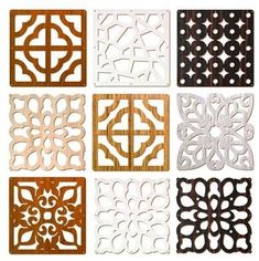 six different types of decorative tiles in various shapes and sizes, each with an intricate design