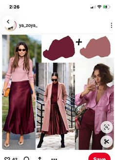 Silk And Denim Outfit, Interesting Color Combinations Outfits, Satin Skirt Outfit Midsize, Fall 2023 Fashion Trends Women Work, Color Matching Clothes Women, Deep Autumn Summer Outfits, Pink Combination Outfit, Pink Color Combinations Outfit, Pink And Burgundy Outfit