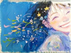 a painting of a girl with flowers in her hair and blue background, she is smiling at the camera