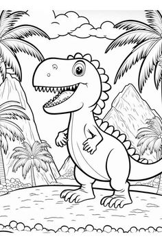 a cartoon dinosaur with palm trees and mountains in the background coloring pages for kids, printable