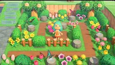 an animal crossing game is shown in the middle of a garden with lots of flowers