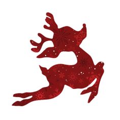 a red deer with snowflakes on it's back and legs is flying through the air