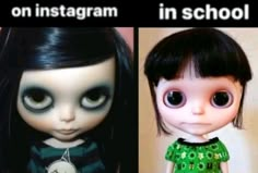 two dolls with big eyes and black hair, one in green dress the other in school