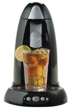 a black and silver coffee maker with a drink in it