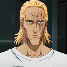 an anime character with blonde hair and blue eyes looking at the camera while wearing a white t - shirt