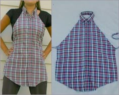 the apron is made from an old shirt and has been turned into a dress for someone to wear