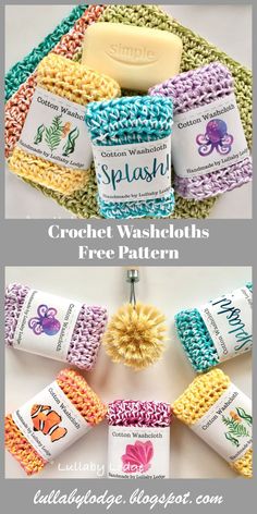 the crochet washcloths free pattern is shown in different colors and sizes