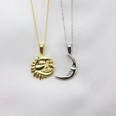 Looking for a perfect gift for your special someone or a friend? Look no further than our handmade Sun and Moon Necklace Set! These matching necklaces are a symbol of the eternal bond between two people, making them the ideal friendship or soulmate necklace. Sun Necklace is 14k gold plated necklace and Moon Necklaece is sterling silver. Crafted with love and care, our Sun and Moon Necklace Set is a beautiful piece of handmade jewelry that will be cherished for years to come. The attention to det Handmade Celestial Half Moon Necklaces, Handmade Celestial Half Moon Necklace, Elegant Sun And Moon Design Jewelry As Gift, Elegant Sun And Moon Design Jewelry For Gifts, Elegant Sun And Moon Design Jewelry Gift, Everyday Celestial Moon Necklace, Spiritual Sun And Moon Design Necklace As Gift, Spiritual Moon Phase Necklace For Everyday, Celestial Round Jewelry For Mother's Day