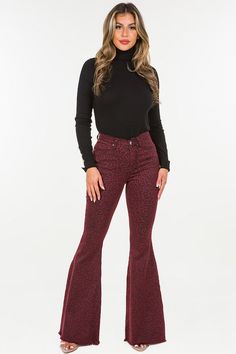 Full Length 5 pocket bell bottom jean features frayed hem, leopard print, Burgundy denim, 32" inseam, made in Los Angeles Style: High Rise Print / Pattern: leopard Silhouette: Bell Bottom Length: Full Length Closure: zipper, button Made In: USAFabric Contents: 77% Cotton, 21% Polyester, 2% Spandex Stretch fabric Non-sheer fabric Care Instructions: Machine Wash ColdSize Measurement (inch): 3: 26.0 (Waist), 32.0 (Hips), 32.0 (Inseam), (Length) 5: 27.0 (Waist), 33.0 (Hips), 32.0 (Inseam), (Length) 7: 28.0 (Waist), 34.0 (Hips), 32.0 (Inseam), (Length) 9: 29.0 (Waist), 35.0 (Hips), 32.0 (Inseam), (Length) 11: 30.0 (Waist), 36.0 (Hips), 32.0 (Inseam), (Length) 13: 31.0 (Waist), 37.0 (Hips), 32.0 (Inseam), (Length) 15: 32.0 (Waist), 38.0 (Hips), 32.0 (Inseam), (Length) Printed Bell Bottoms, Los Angeles Print, Burgundy Jeans, Lace Side, Los Angeles Style, Leather Denim, Lady Biker, Biker Style, Bell Bottom