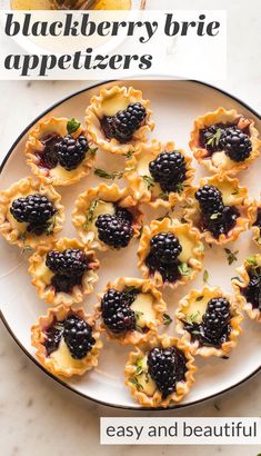 blackberries and cream pies on a white plate with green garnishes