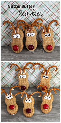 four different pictures of reindeer ornaments with eyes and noses on each or the same piece