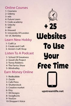 an advertisement with the words 25 web sites to use your free time on pink background