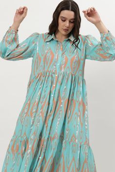 Light blue and orange midi dress with all over ikat prints and silver tone vertical panels. - Aza Fashions Spring Blue Ikat Print Dress, Orange Midi Dress, Ikat Print, Blue And Orange, Dress For Women, Dress Pattern, Aza Fashion, Full Sleeve, Print Dress