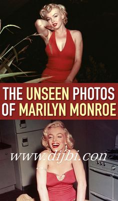 the unseen photos of marilyn monroe are shown in two different pictures, one is red