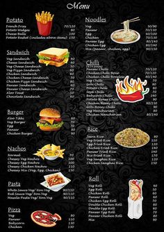 a menu with different types of food on it