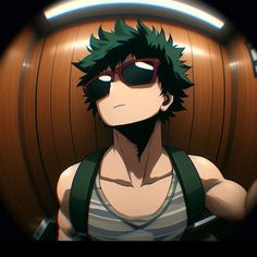 an anime character with sunglasses and suspenders standing in front of a wooden wall, looking at the camera