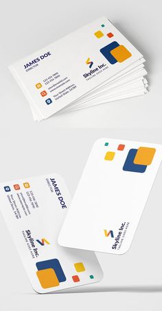 two business cards with different colored squares on the front and back, one for an appliance