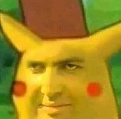 a man with red dots on his eyes and a yellow pokemon pikachu hat