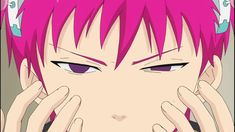 an anime character with pink hair holding his hands to his face