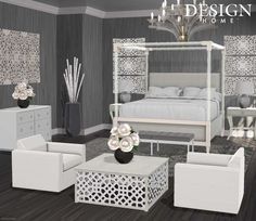 a bedroom with white furniture and gray walls