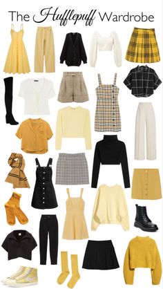 Modern Hogwarts Outfits, Hufflepuff Dress Aesthetic, Hufflepuff Universal Outfit, Hufflepuff Casual Outfit, Hufflepuff Style Outfit, Hufflepuff Womens Outfit, Hogwarts Hufflepuff Outfit, Helga Hufflepuff Cosplay, Casual Hufflepuff Outfit