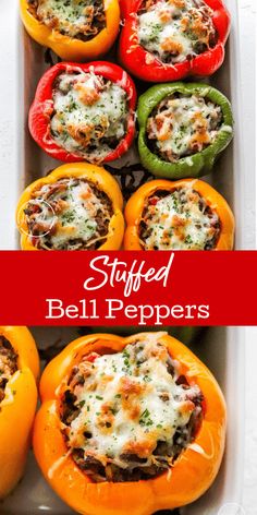 stuffed bell peppers in a baking dish with cheese on top and the words stuffed bell peppers above them