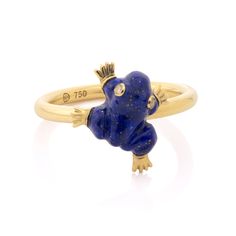 18k yellow gold Carved Lapis Lazuli Frog Motif & Diamond Eyes. Our  pieces are hand crafted upon order so there might be slight variations in color. Please allow approximately 6-8 weeks to complete. Carved Ring, Diamond Eyes, 8 Weeks, Lapis Lazuli, Ring Earrings, Hand Crafted, Fine Jewelry, Carving, Yellow Gold