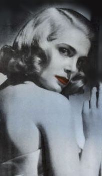 a black and white photo of a woman with red lips