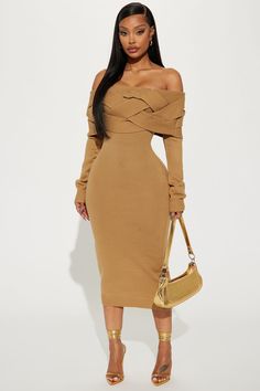 Available In Tan. Sweater Midi Dress Off Shoulder Long Sleeves Folder Over Detail Stretch Length = 47" 100% Acrylic Imported | Vivien Sweater Midi Dress in Tan size 3X by Fashion Nova Long Sleeve Dress Business Casual, Fashion Nova Date Night Outfits, Elegant Long Sleeve Dresses Classy, Chic Fall Dresses, Burnt Orange Outfits Female, Fashionova Outfits Inspiration, Fall Birthday Dress, Autumn 2024 Fashion, Africa Dresses Styles