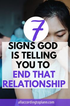 a woman with her head in her hands and the words 7 signs god is telling you to