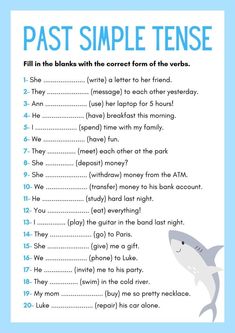 the past simple tense worksheet is shown in blue and has an image of a shark