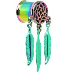 a pair of earrings with feathers attached to them