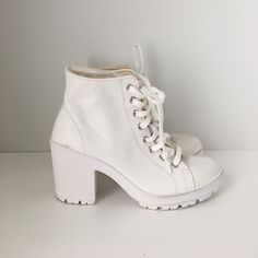 Brand New White Boots With 3" Tall Chunky Heels. Shop Boots, Shop Shoes, White Boots, Timberland Boots, Boot Shop, White Shop, Lace Up Boots, Chunky Heels, Shoe Laces