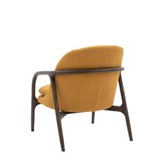 an orange chair with wooden legs and arms