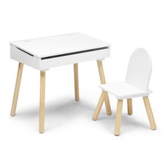 a white desk and chair with wooden legs, both facing each other in front of a white background