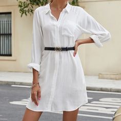 Brand New Crisp White Shirt Dress!! Button Front, Curved Hem. Long, Cuffed Sleeves With Buttons. Adorable!! Button Up Shirt Dress, Pleated Shirt Dress, Button Shirt Dress, Pleated Shirt, Elegante Casual, Belted Shirt Dress, Crisp White Shirt, Button Up Dress, White Dress Summer