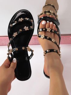 Floral & Studded Detail Slide Sandals White Ankle Strap Heels, Silver Flat Sandals, Black Slide Sandals, White Strappy Sandals, Shein Shoes, Ankle Strap Sandals Flat, Plastic Heels, Diy Fashion Accessories, Ankle Strap Flats