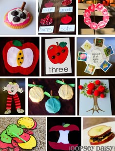 there are many different pictures that include apples and other things to do with the kids