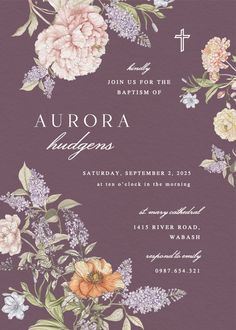 an ornate floral wedding card with the words aurora and flowers in white on purple background