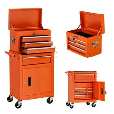 an orange tool box with wheels and drawers on each side, two are open and the other is closed